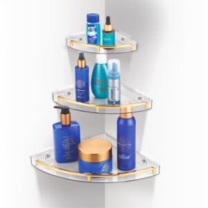 Nayasa Sticky Corner Tray | 3 Tier Wall Mount Shelf with Railing | Plastic Storage Organizer for Shampoo & Kitchen Essentials | with 6 Adhesive Stickers | Golden