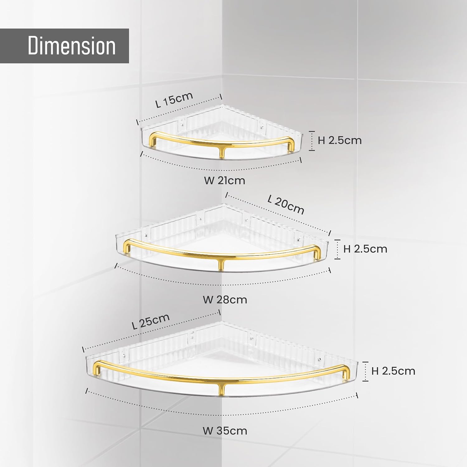 Nayasa Sticky Corner Tray | 3 Tier Wall Mount Shelf with Railing | Plastic Storage Organizer for Shampoo & Kitchen Essentials | with 6 Adhesive Stickers | Golden - Image 6