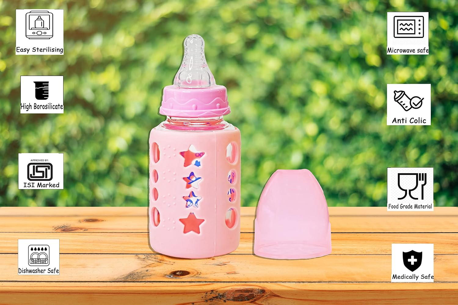 The Little Lookers High Borosilicate Glass Feeding Bottle for Baby/Feeder for Newborn | Super Soft Flow Control & Anti Colic Nipple for Infants/Toddlers - Pink (120ml)