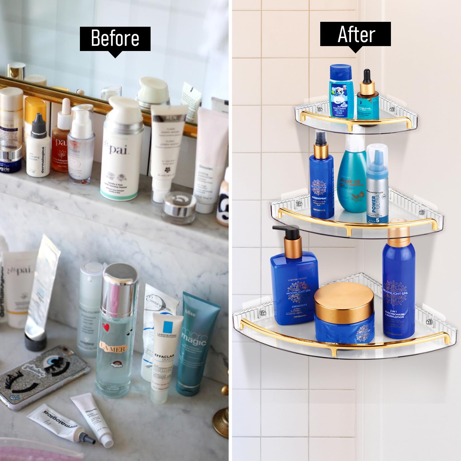 Nayasa Sticky Corner Tray | 3 Tier Wall Mount Shelf with Railing | Plastic Storage Organizer for Shampoo & Kitchen Essentials | with 6 Adhesive Stickers | Golden - Image 2