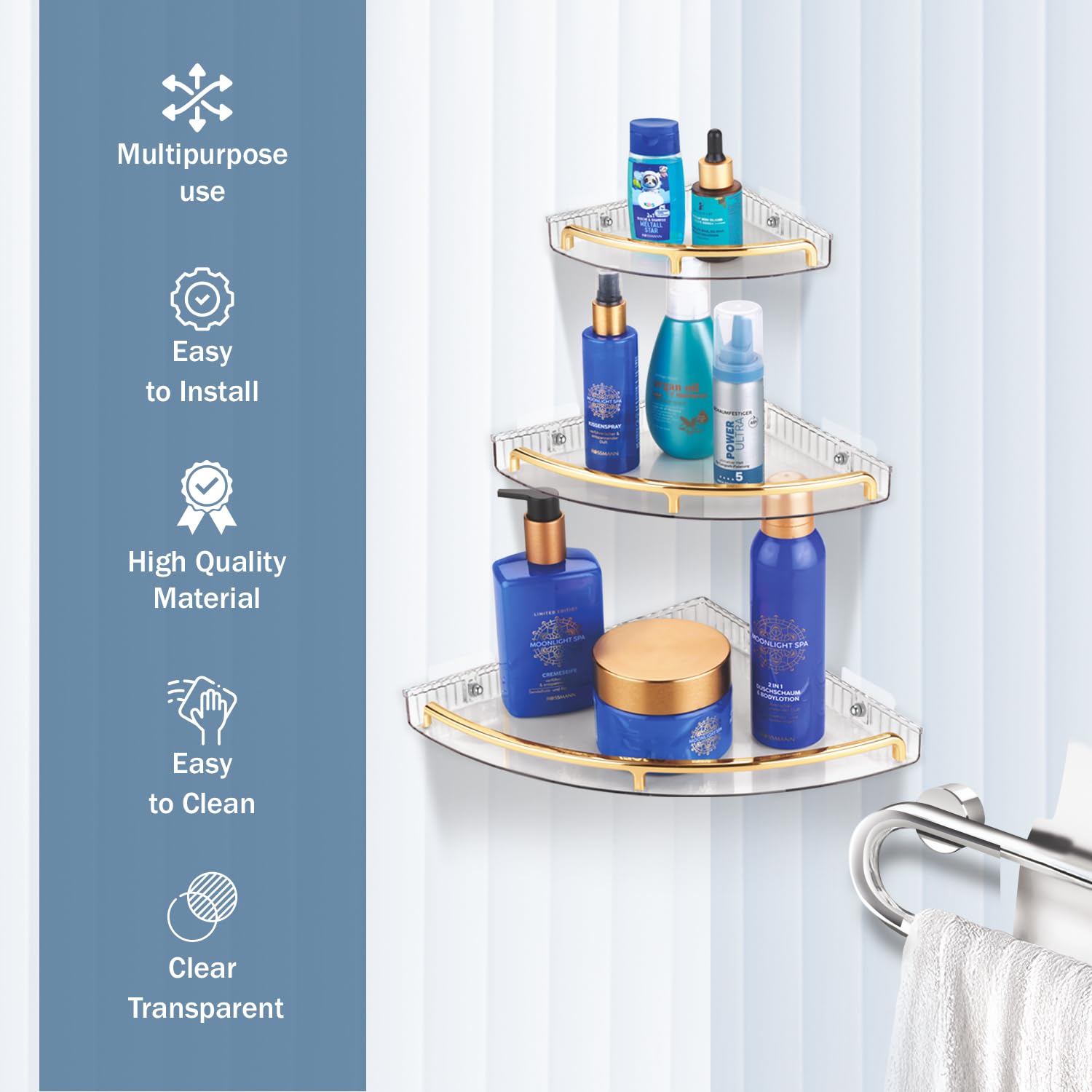 Nayasa Sticky Corner Tray | 3 Tier Wall Mount Shelf with Railing | Plastic Storage Organizer for Shampoo & Kitchen Essentials | with 6 Adhesive Stickers | Golden - Image 4