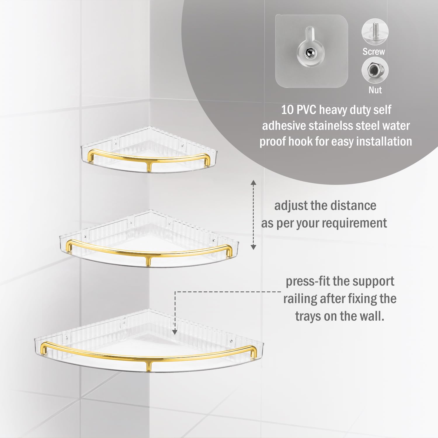 Nayasa Sticky Corner Tray | 3 Tier Wall Mount Shelf with Railing | Plastic Storage Organizer for Shampoo & Kitchen Essentials | with 6 Adhesive Stickers | Golden - Image 5