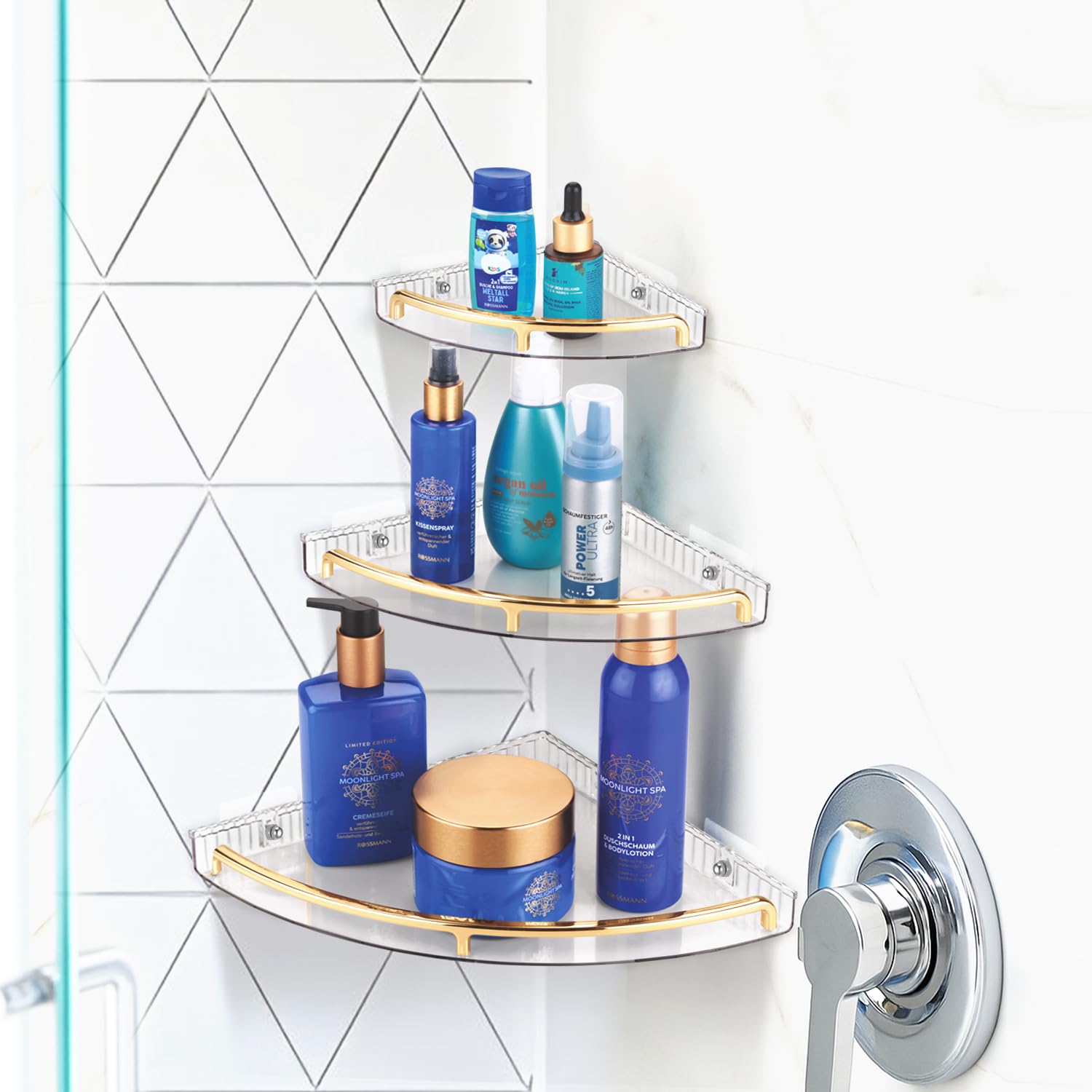 Nayasa Sticky Corner Tray | 3 Tier Wall Mount Shelf with Railing | Plastic Storage Organizer for Shampoo & Kitchen Essentials | with 6 Adhesive Stickers | Golden - Image 3