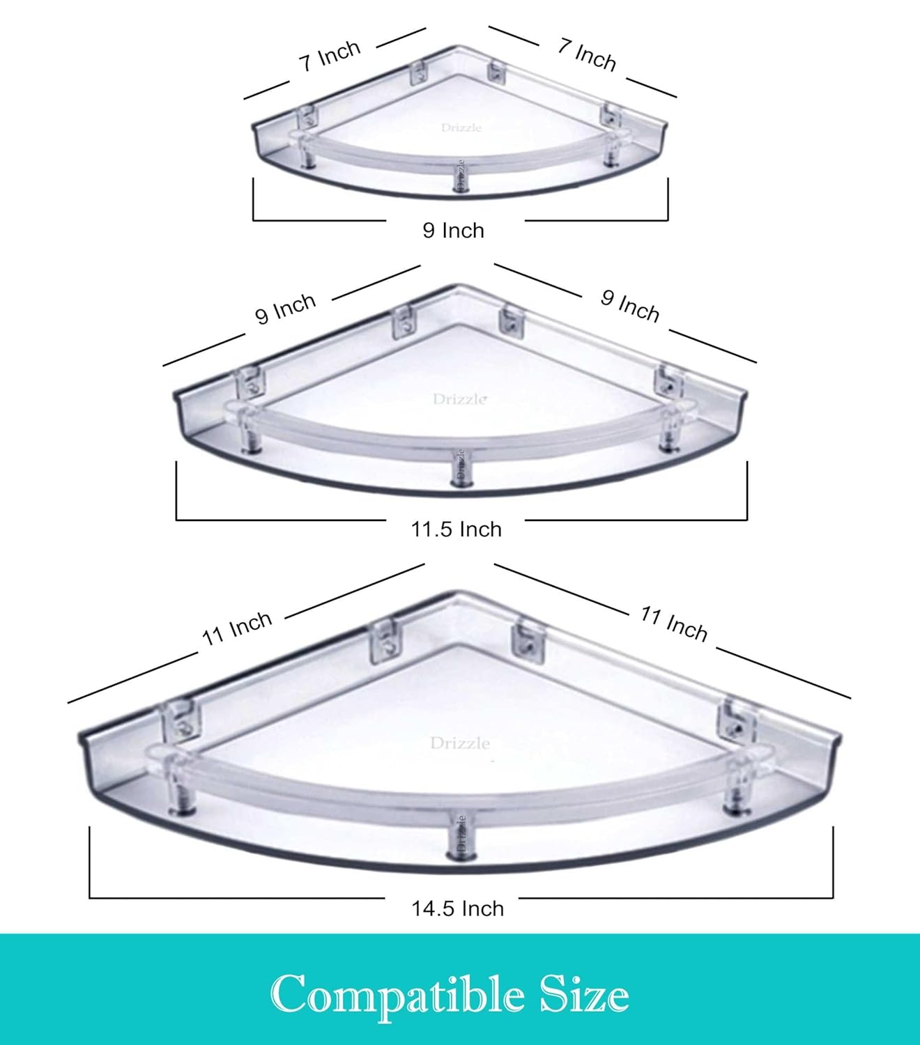 DRIZZLE ABS Corner Shelf Super Clear | Unbreakable Transparent Bathroom Shelves | Multipurpose Use (Size 7 inch, 9 inch, 11 inch) - Set of 1 (3 Pieces) - Image 2