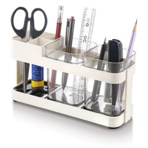 Multipurpose Desk Organizer Pen Stand with Compartments – Plastic Stationery Holder for Office, Home & Study Table